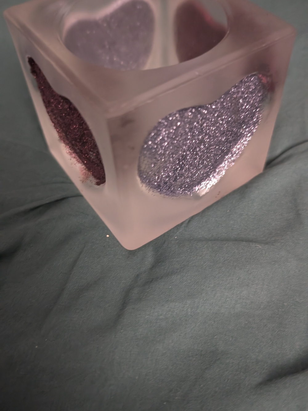 Frosted Glass Cube Candle Holder with Glitter Hearts - Lavender & Plum